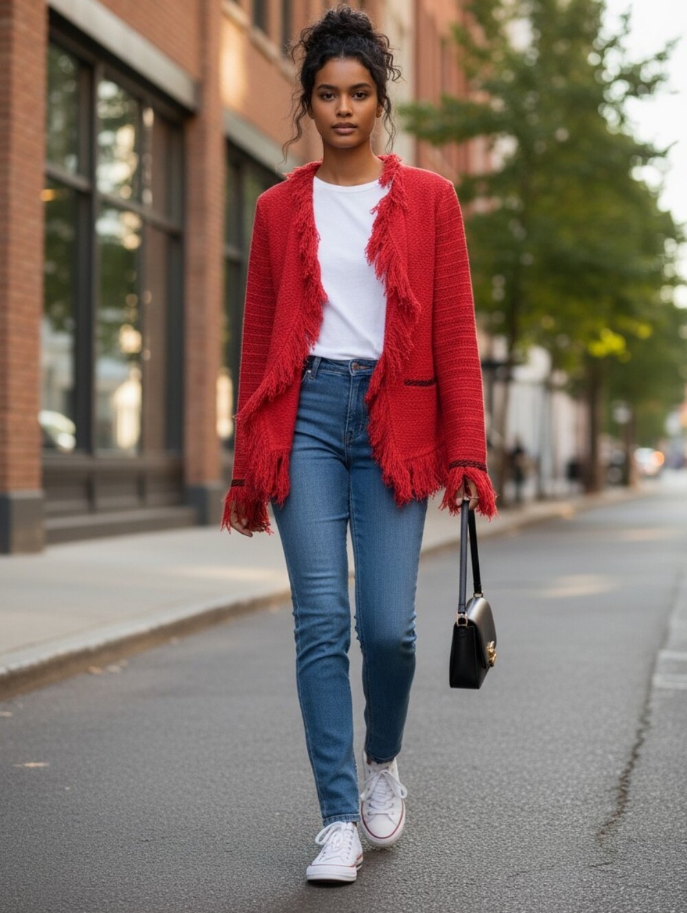 NIC+ZOE Red Fringe Mix Knit Open Front Cardigan Jacket Size S